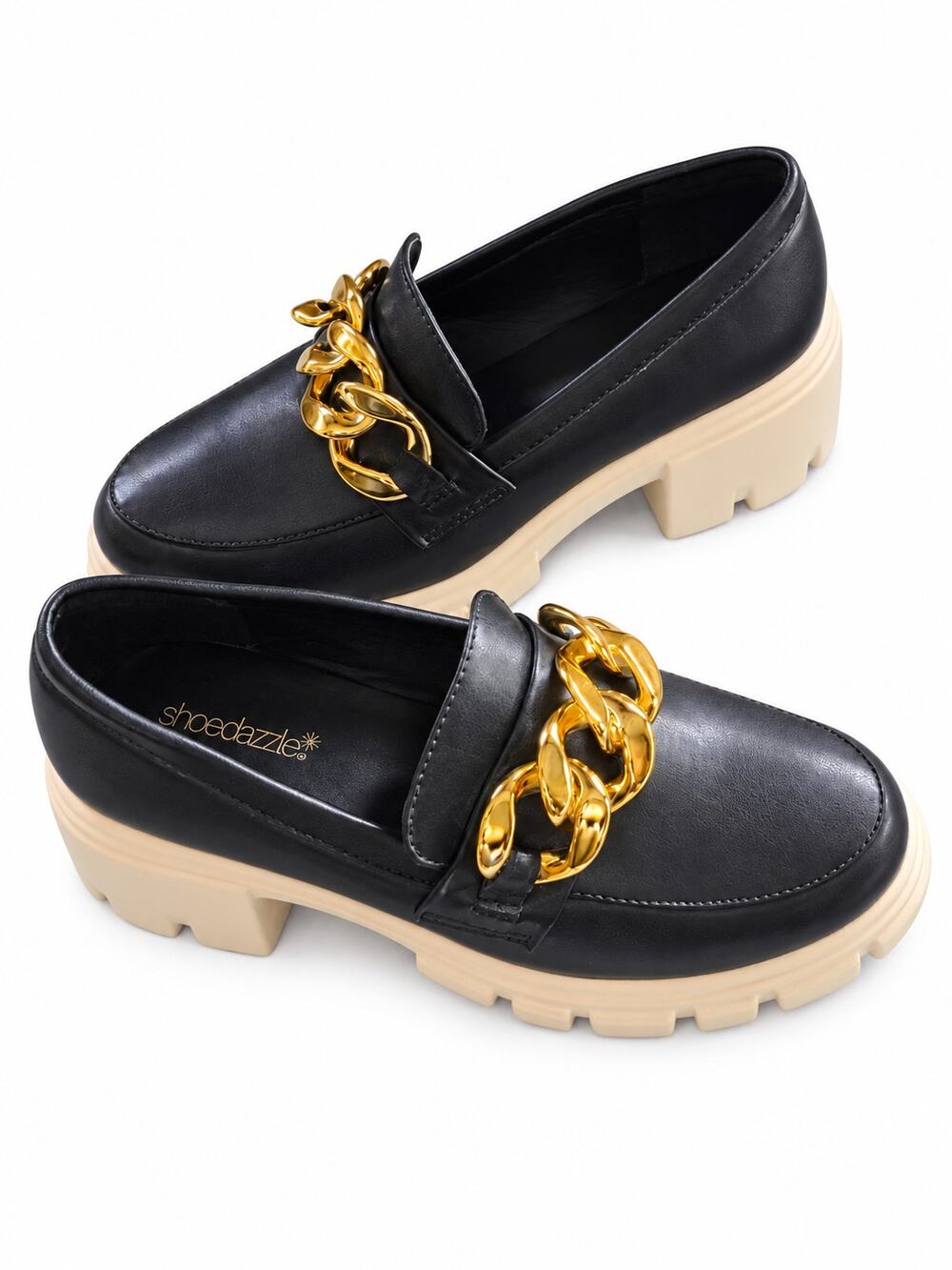ShoeDazzle Navy Gold Chain Chunky Lug Sole Loafers Women’s 7.5 NWOT